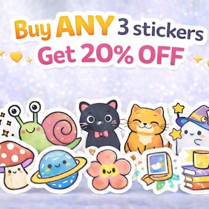 May include: A collection of colorful cartoon stickers featuring a snail, a black cat, an orange cat, a ghost in a wizard hat, a mushroom, a planet, a flower, a book, and a stack of books with a mug. Text reads: Buy ANY 3 stickers Get 20% OFF.