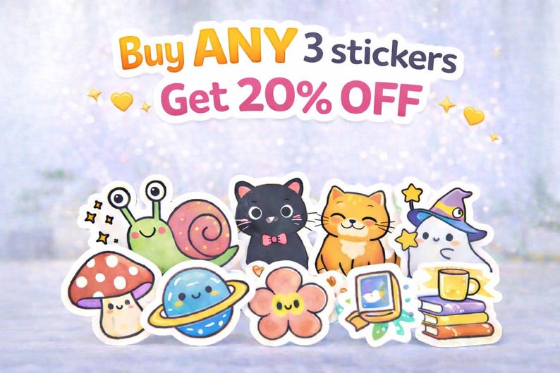 May include: A collection of colorful cartoon stickers featuring a snail, a black cat, an orange cat, a ghost in a wizard hat, a mushroom, a planet, a flower, a book, and a stack of books with a mug. Text reads: Buy ANY 3 stickers Get 20% OFF.