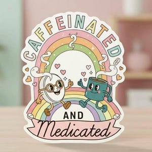 Pegatina de cafeína y medicamentos | Pegatina de vinilo de café y medicamentos | Salud mental retro | Bonita pegatina de arcoíris para portátil o botella de agua