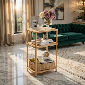 May include: A three-tier light wood side table with rounded corners. The top shelf holds a glass vase with pink and white flowers, a small picture frame, and a candle. The middle shelf holds stacked magazines. The bottom shelf holds a woven basket.