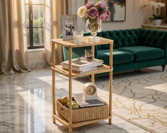 Natural Bamboo End Table with Storage Shelf, Small Space Side Table