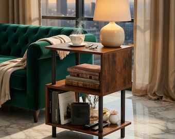 S-Shaped Side Table, Rustic Wood Grain 3-Tier Shelves, Small Space Storage Nightstand