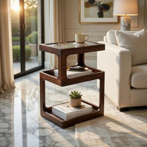 May include: A dark brown wooden side table with a tiered design featuring three levels. The top surface holds a ceramic mug and eyeglasses, the middle shelf contains books and a remote, and the bottom shelf holds a small potted succulent and books.