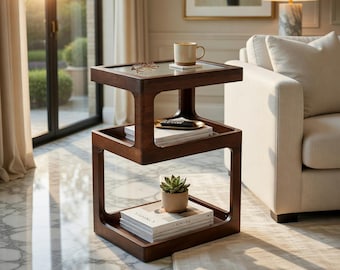 Solid Pine Wood End Table, 3-Tier Retro Geometric Accent Table, Small Spaces Storage
