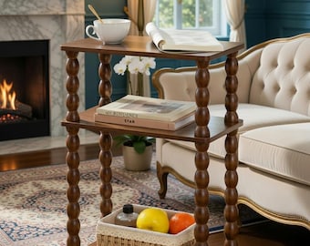 Slim Rustic Side Table, 3 Tier Storage, Solid Wood Legs, Small Spaces