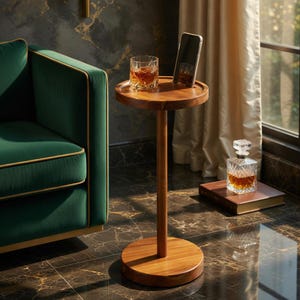 May include: A tall, round wooden side table with a single central pedestal base and a circular top featuring a recessed slot for a smartphone. A glass tumbler containing an amber-colored liquid rests on the surface next to a smartphone.