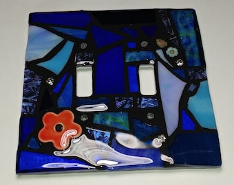 The BLUES stained glass MOSAIC light switch cover plate, made to order, single, double, triple toggle, gfci, outlet