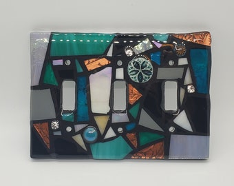Black, Teal, Grey, & Copper stained glass MOSAIC light switch cover plate, made to order, single, double, triple toggle, gfci, outlet