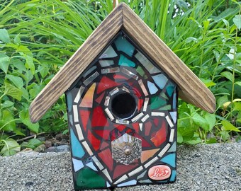 STAINED GLASS Mosaic Birdhouse with a HEART Love ceramic tile