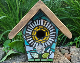 STAINED GLASS Giant Flower MOSAIC Birdhouse made to order Pick Your Color - Example is a White Flower with a Yellow center