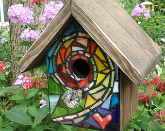 RAiNBOW SPiRAL Mixed Media Stained Glass Mosaic Birdhouse - Design on the front - made to order - one of a king - Colorful Yard Art!