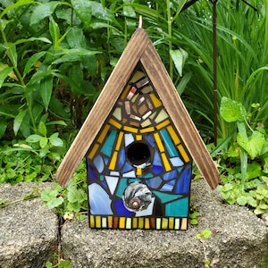 Mosaic Birdhouse FRONT ONLY , MIxed Media/Stained Glass - made to order, Custom design - color mix, flowers, heart, sun, spiral, rainbow