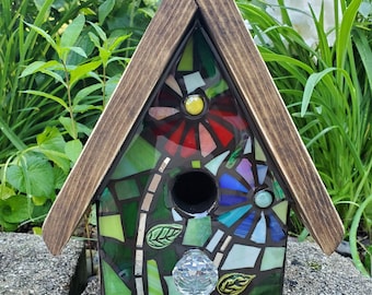 Mixed Media Stained Glass Mosaic Birdhouse - FRONT ONLY - made to order, Custom design - flowers, heart, sun, color mix, rainbow and more!