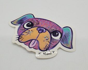 Pink DOG Face vinyl ART STICKER, decal colorful indoor outdoor stick on laptop, car, flask, journal, hand drawn