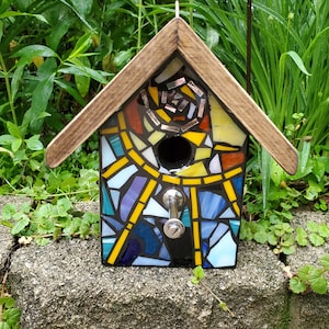 Mosaic Birdhouse FRONT ONLY , MIxed Media/Stained Glass - made to order, Custom design - color mix, flowers, heart, sun, spiral, rainbow