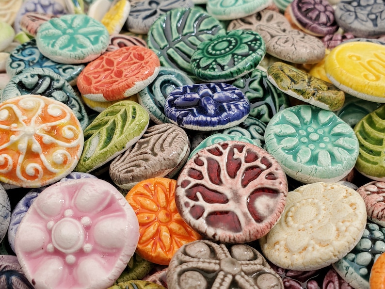 50 CERAMIC mini TILES or Cabs Mixed designs glazed Great for MOSAICS, magnets, jewelry designs, flat back, glaze on the front only image 10