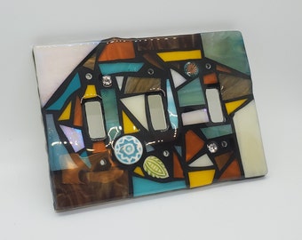 Stained glass MOSAIC Light switch cover - Brown, Amber, Aqua, Cream, & Golden Yellow - single, double, triple toggle, gfci, flapper, custom