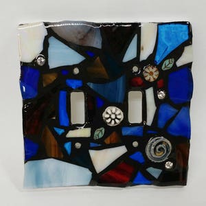 BLue and EArth Tone Mix - STAINED Glass MOSAIC Light Switch Cover - single, double, triple, outlet, or decora gfci - made to order