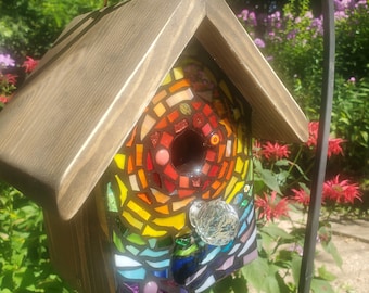 RAiNBOW BuRST Design - Mixed Media Stained Glass Mosaic Birdhouse - Design on the front - made to order - one of a king - Colorful Yard Art!
