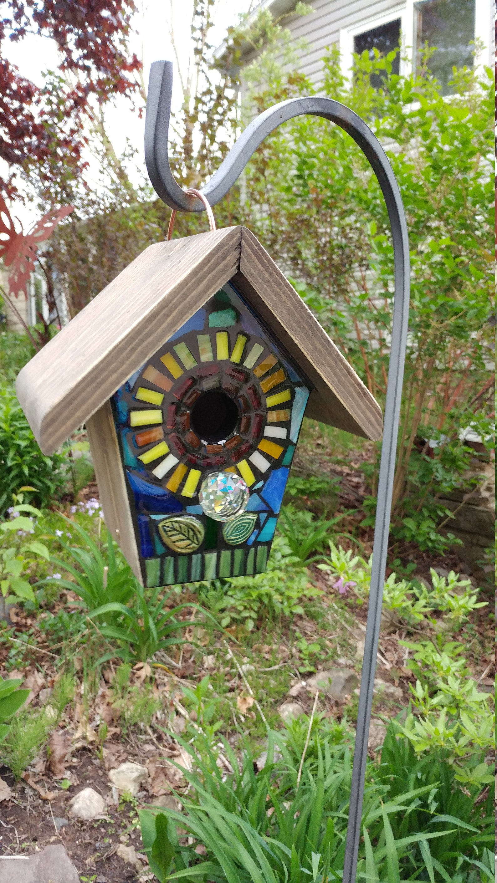 STAINED GLASS Big Flower MOSAIC Birdhouse made to order Pick Your Color - Example is Blue with a Yellow/Orange Center - Art for your Yard! - Sunflower - Yellow, Aqua