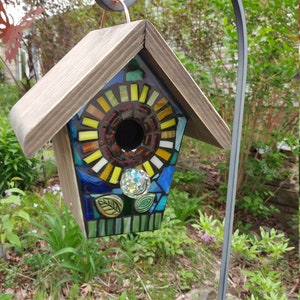 STAINED GLASS Giant Flower MOSAIC Birdhouse made to order Pick Your Color Example is Blue with a Yellow/Orange Center Art for your Yard image 7