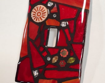 RED Glass Mix - STAINED Glass MOSAIC Light Switch Cover - single, double, triple, outlet, or decora gfci - Made to order