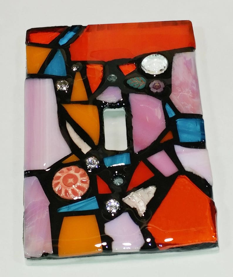 ORAnGEs, PiNKs, & Light BLuE Mix STAINED Glass MOSAIC Light Switch Cover single, double, triple, outlet, or decora gfci made to order image 5