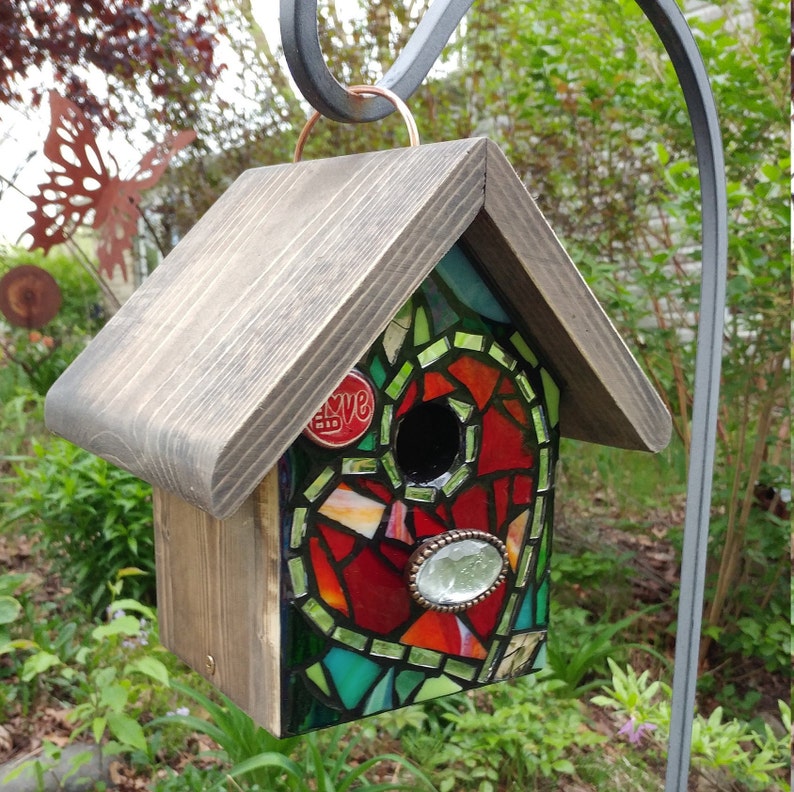 Mixed STAINED GLASS Mosaic Birdhouse With a HEART Love Ceramic Etsy