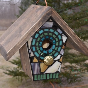 STAINED GLASS Mosaic Birdhouse in Brown and Teal, Made to order - Choose this design with this color group or your own!