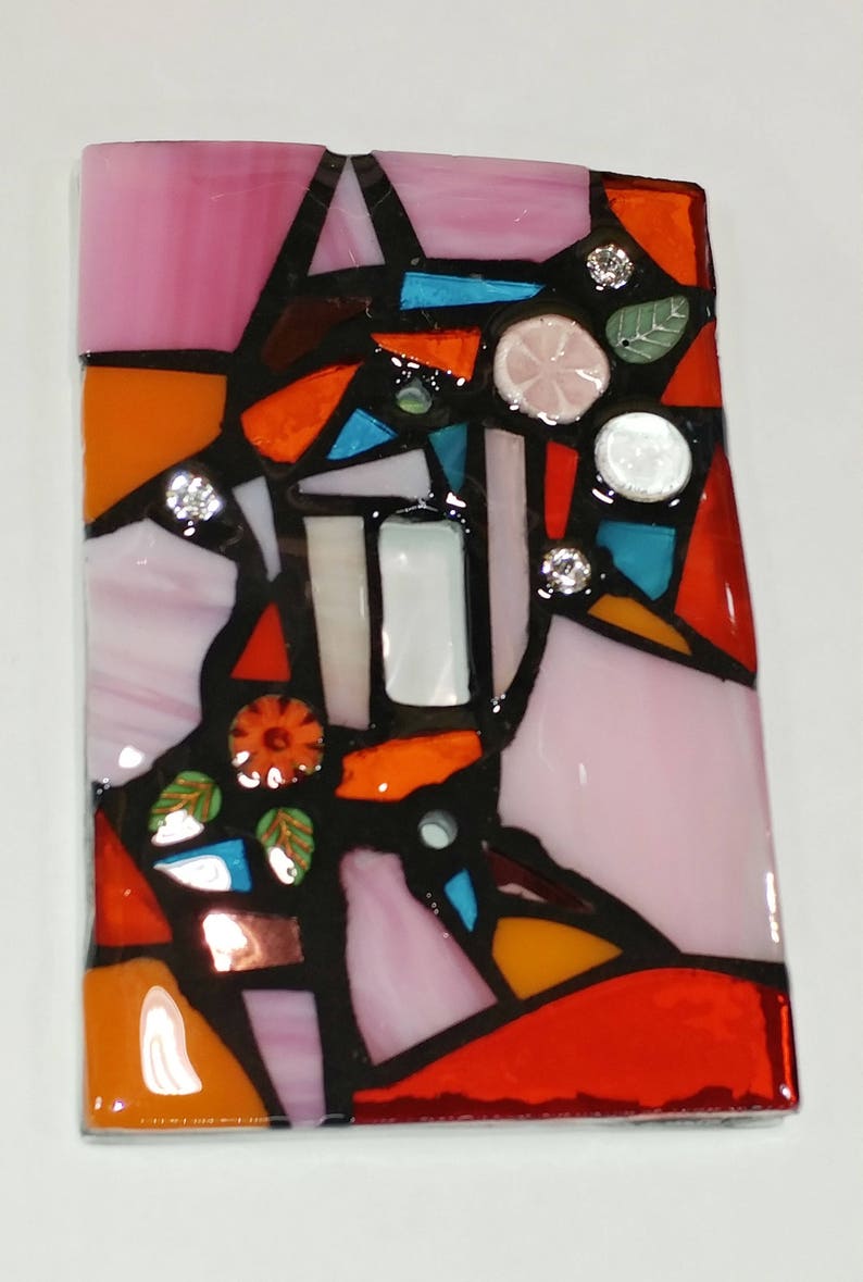 ORAnGEs, PiNKs, & Light BLuE Mix STAINED Glass MOSAIC Light Switch Cover single, double, triple, outlet, or decora gfci made to order image 2