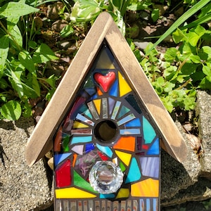 Mosaic Birdhouse FRONT ONLY , MIxed Media/Stained Glass - made to order, Custom design - color mix, flowers, heart, sun, spiral, rainbow