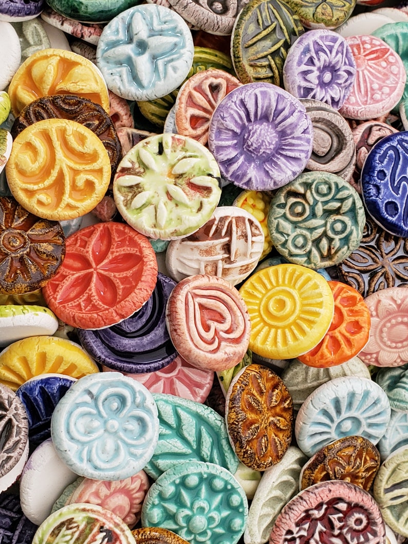 50 CERAMIC mini TILES or Cabs Mixed designs glazed Great for MOSAICS, magnets, jewelry designs, flat back, glaze on the front only image 2