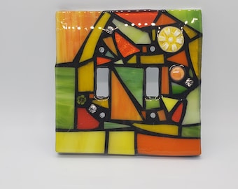 ORANGE, LIME, & YELLOw stained glass MOSAIC light switch cover plate with resin, made to order, single, double, triple toggle, gfci, outlet