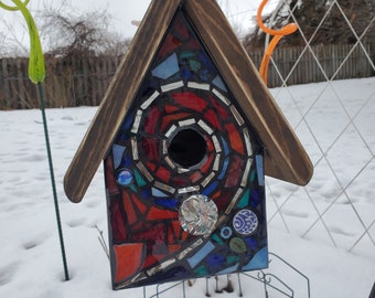 Mosaic Birdhouse FRONT ONLY , MIxed Media/Stained Glass - made to order, Custom design - color mix, flowers, heart, sun, spiral, rainbow