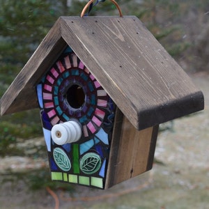 STAINED GLASS Giant Flower MOSAIC Birdhouse made to order Pick Your Color Example is Blue with a Yellow/Orange Center Art for your Yard image 6