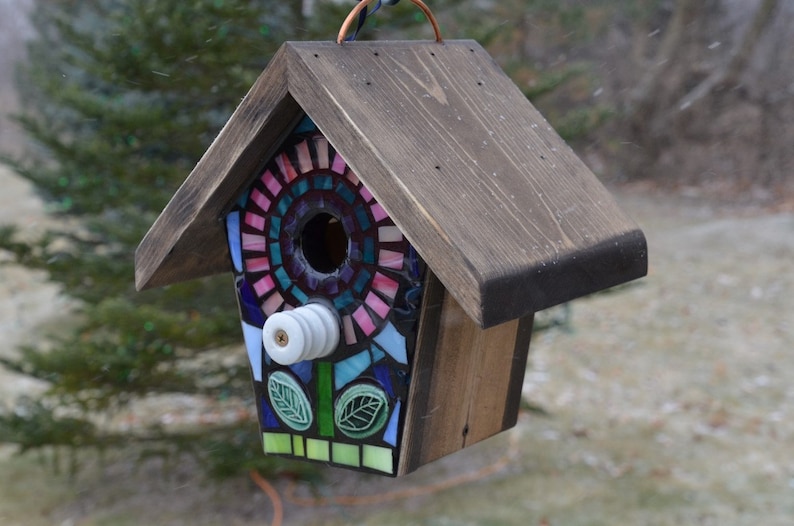 STAINED GLASS Giant Flower MOSAIC Birdhouse made to order Pick Your Color Example is Blue with a Yellow/Orange Center Art for your Yard image 6