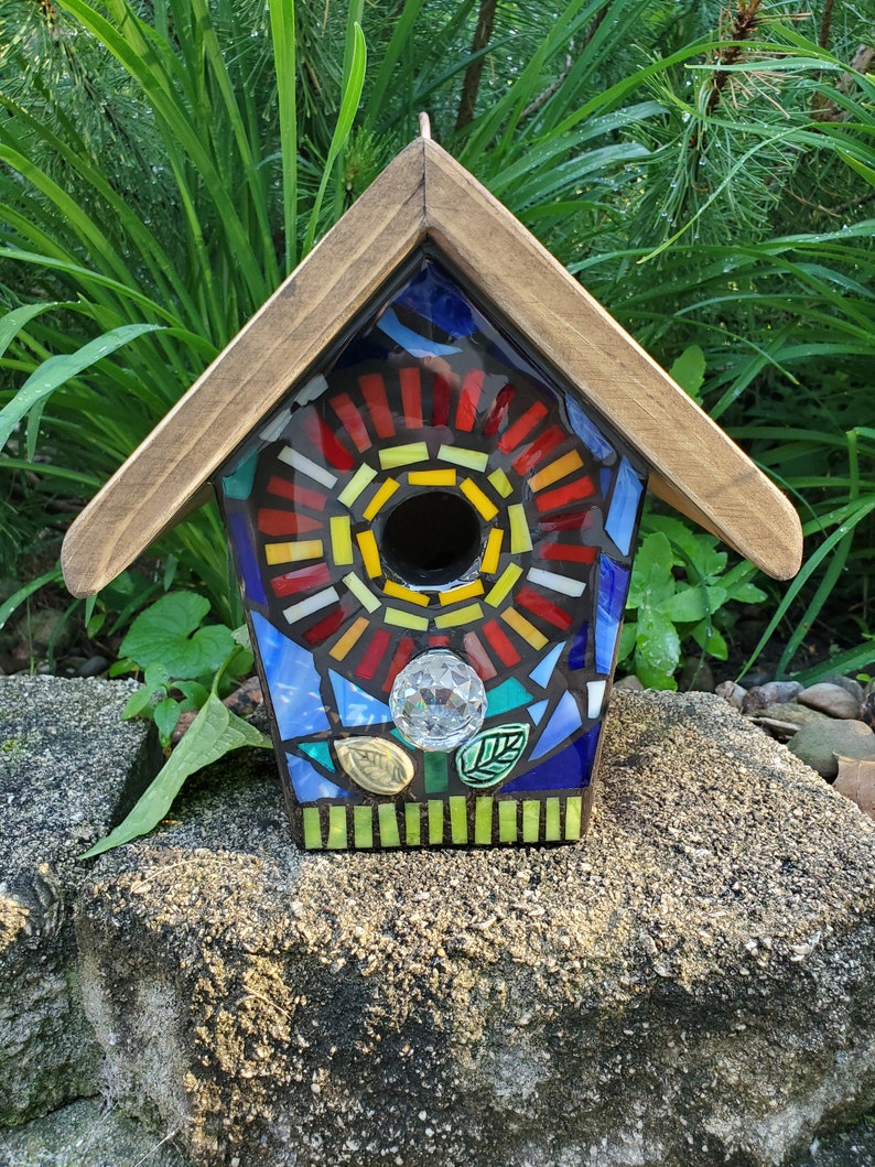 STAINED GLASS Giant Flower MOSAIC Birdhouse made to order Pick Your Color Example is a White Flower with a Yellow center image 9