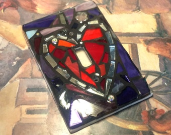 HEART Design - STAINED Glass MOSAIC Light Switch Cover -single, double, triple, outlet, or decora gfci - Made to order - any color! Love