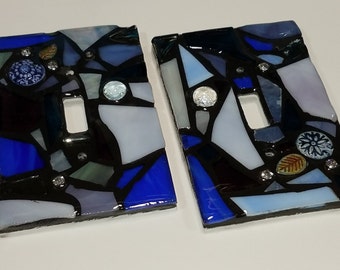 BLUE, PURple, & Grey stained glass MOSAIC light switch cover plate with resin, made to order, single, double, triple toggle, gfci, outlet