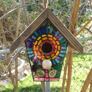 STAINED GLASS Giant Flower MOSAIC Birdhouse made to order Pick Your Color Example is a White Flower with a Yellow center image 3