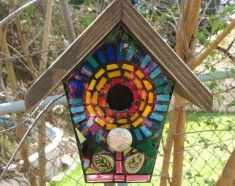 STAINED GLASS Giant Flower MOSAIC Birdhouse made to order Pick Your Color - Example is Blue with a Yellow/Orange Center - Art for your Yard!
