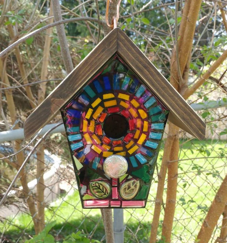 STAINED GLASS Giant Flower MOSAIC Birdhouse made to order Pick Your Color Example is Blue with a Yellow/Orange Center Art for your Yard image 1