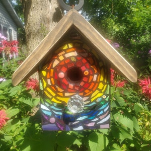 RAiNBOW BuRST Design - Mixed Media Stained Glass Mosaic Birdhouse - Design on the front - made to order - one of a king - Colorful Yard Art!