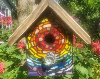 RAiNBOW BuRST Design - Mixed Media Stained Glass Mosaic Birdhouse - Design on the front - made to order - one of a king - Colorful Yard Art!