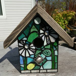 Mixed Media Stained Glass Mosaic Birdhouse - FRONT ONLY Design - made to order, Custom design - flowers, sun, heart, color mix and more!