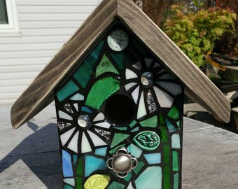Mixed Media Stained Glass Mosaic Birdhouse - FRONT ONLY Design - made to order, Custom design - flowers, sun, heart, color mix and more!