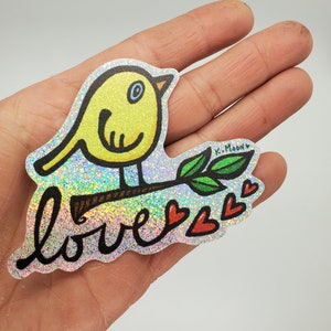 LOVE Bird vinyl ART STICKER shiny pixie dust glitter fancy decal colorful indoor outdoor for laptop, water bottle, car, journal, flask
