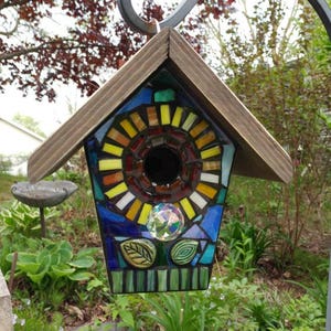 STAINED GLASS Giant Flower MOSAIC Birdhouse made to order Pick Your Color Example is Blue with a Yellow/Orange Center Art for your Yard image 4