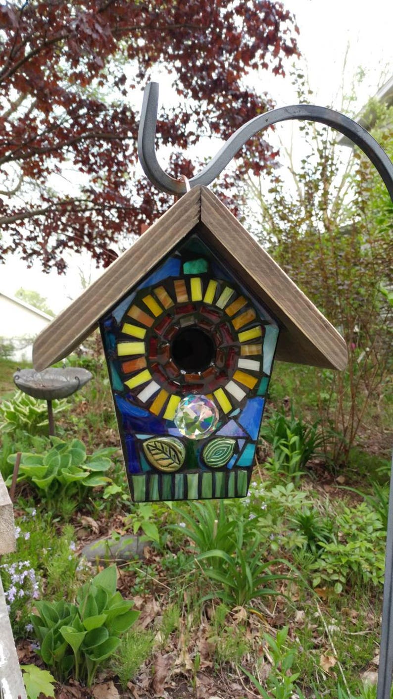 STAINED GLASS Giant Flower MOSAIC Birdhouse made to order Pick Your Color Example is Blue with a Yellow/Orange Center Art for your Yard image 4