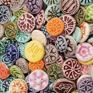 20 CERAMIC mini TILES/cabs Mixed designs glazed Great for MOSAICS, magnets, jewelry designs, and more. Flat back, glazed on the front image 10